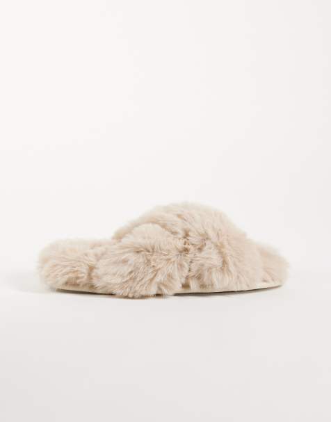 Boux Avenue cross band fluffy slipper in beige - view 1