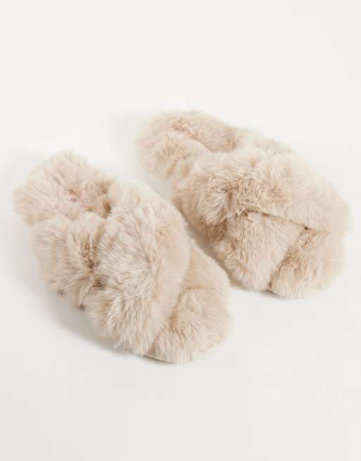 Boux Avenue cross band fluffy slipper in beige, 2 of 4