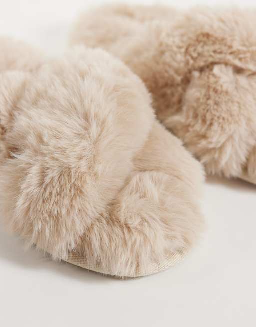 Boux Avenue cross band fluffy slipper in beige, 3 of 4