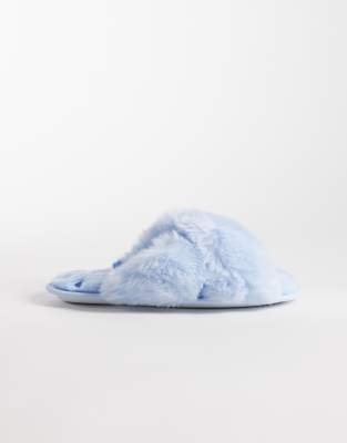 Boux Avenue Cross Band Fluffy Slippers In Blue