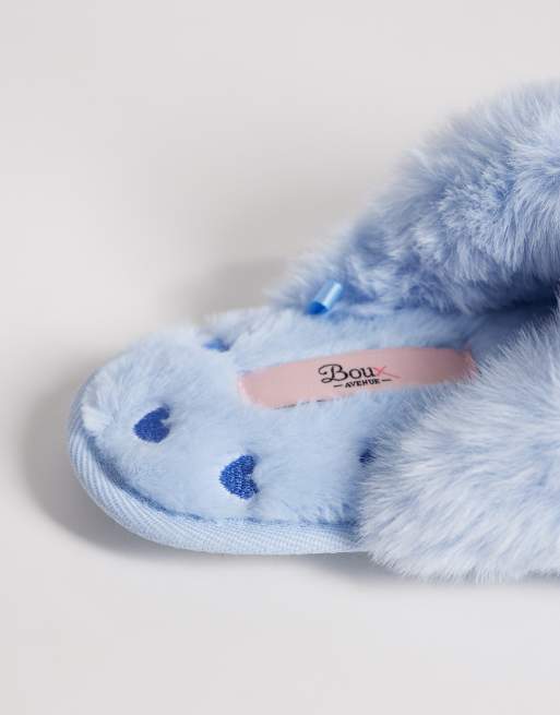 Boux Avenue cross band fluffy slippers in light blue, 4 of 4