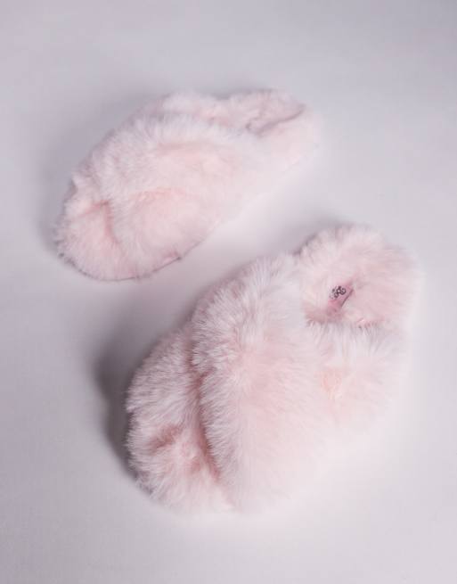 Boux Avenue cross band fluffy slippers in powder pink, 3 of 4