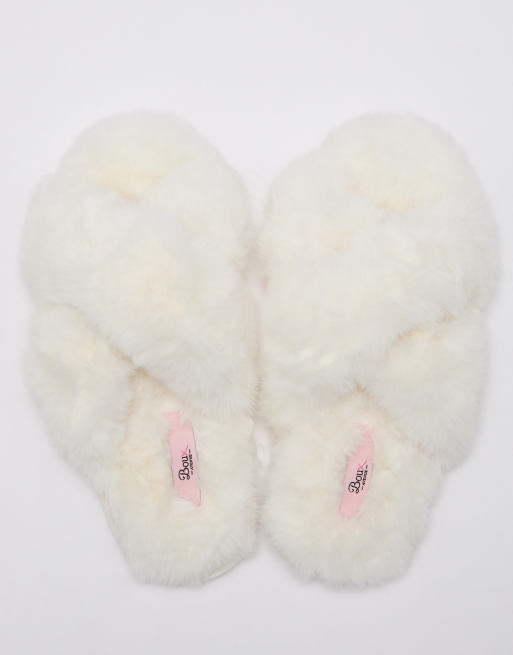 Boux Avenue Cross band slider slippers open toe soft plush loungewear in ivory, 2 of 4
