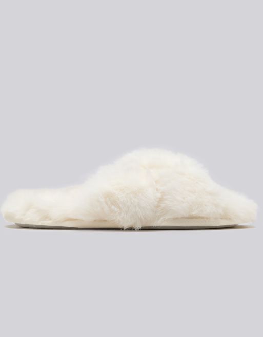 Boux Avenue Cross band slider slippers open toe soft plush loungewear in ivory, 3 of 4