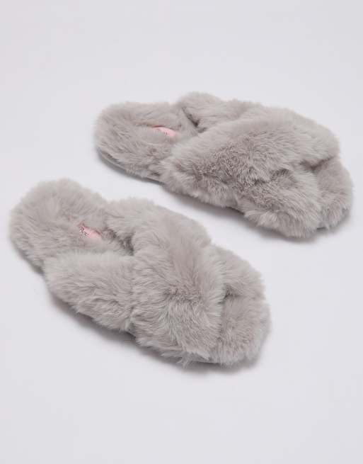 Boux Avenue Cross band slipper slides with open toe soft plush loungewear in gray, 2 of 4