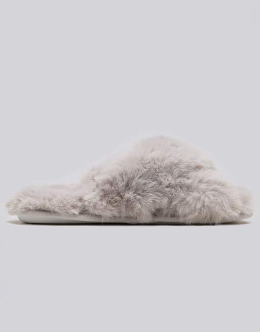 Boux Avenue Cross band slipper slides with open toe soft plush loungewear in gray, 4 of 4