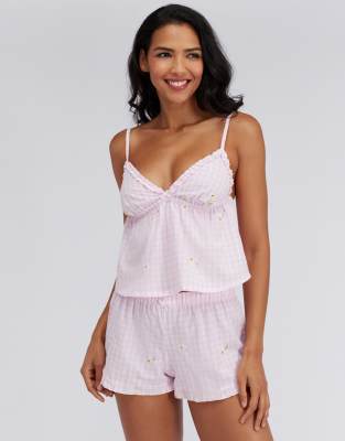 Boux Avenue Daisy gingham cotton short pyjama set cami top and shorts pj in pink mix