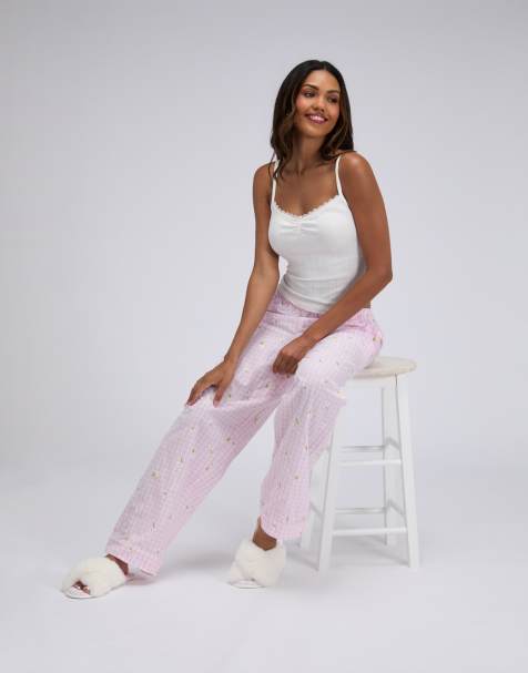 Boux Avenue Daisy gingham long pyjama set cami top & trousers nightwear in ivory mix - view 1