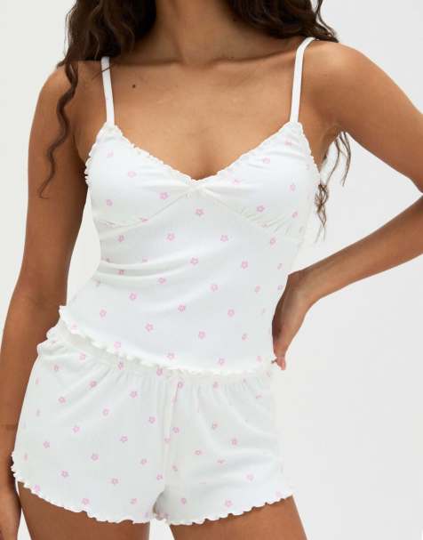 Boux Avenue Daisy ribbed cami and short pyjama set with lettuce edge in ivory mix - view 1