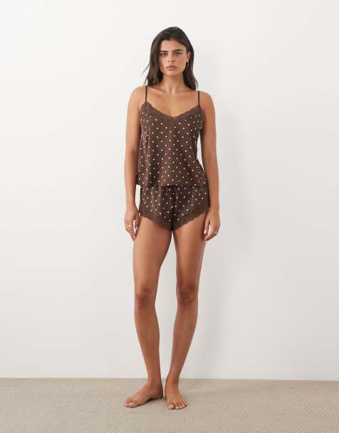 Boux Avenue Daisy satin and lace trim cami set in chocolate spot - view 1