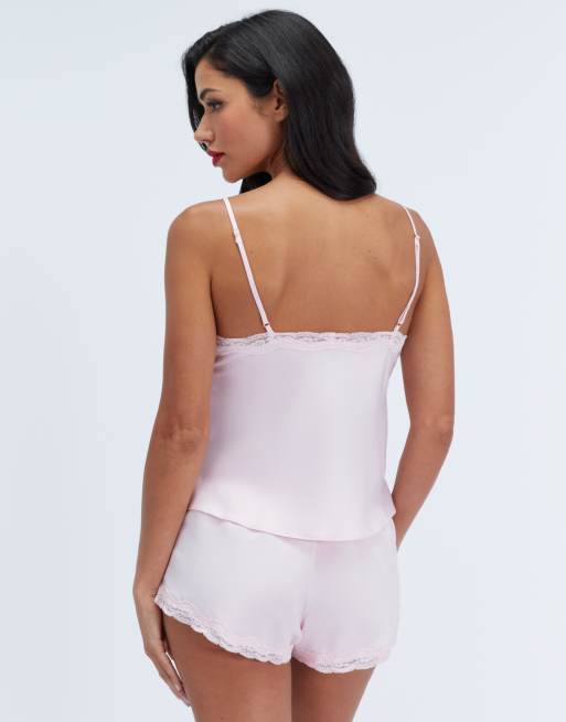 Boux Avenue Daisy satin short cami set pyjama top and shorts nightwear in light pink, 2 of 6