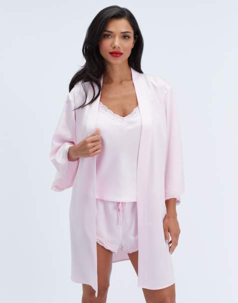 Boux Avenue Daisy satin short robe self tie waist belt dressing gown in light pink - view 1