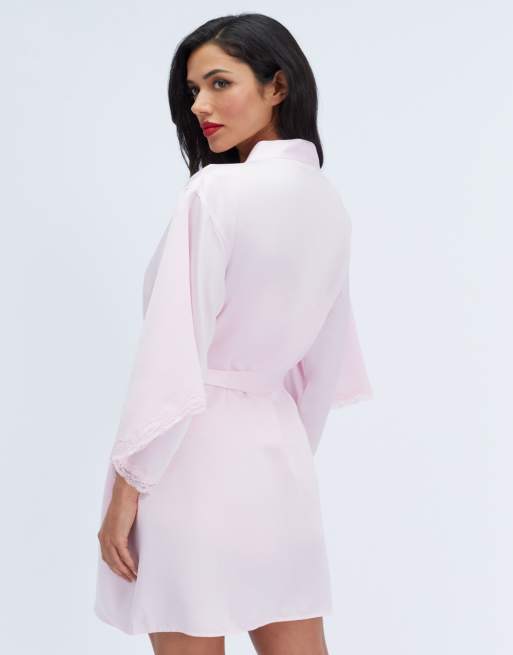 Boux Avenue Daisy satin short robe self tie waist belt dressing gown in light pink, 2 of 6