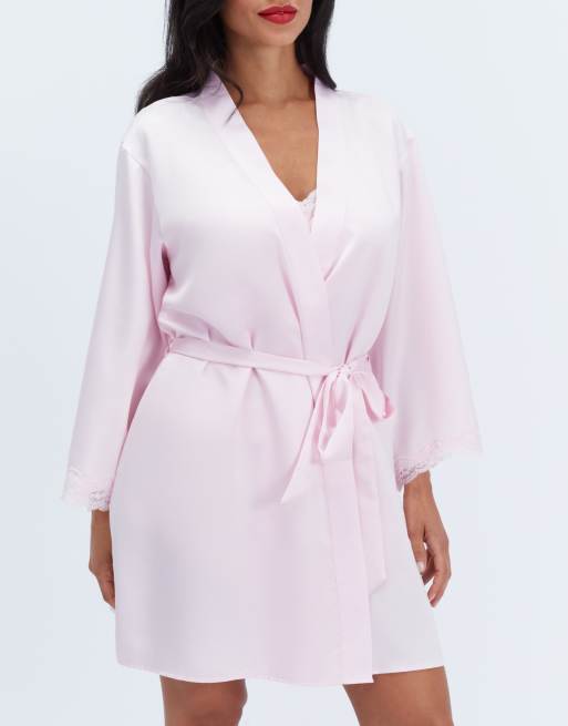 Boux Avenue Daisy satin short robe self tie waist belt dressing gown in light pink, 3 of 6
