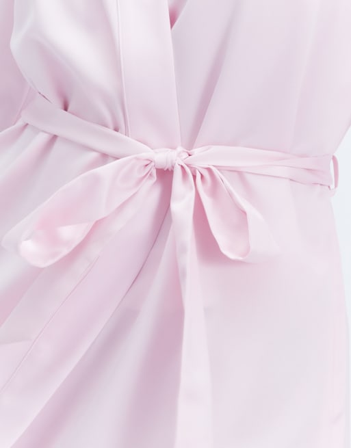 Boux Avenue Daisy satin short robe self tie waist belt dressing gown in light pink, 4 of 6