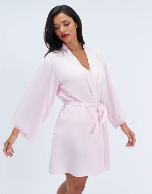 Boux Avenue Daisy satin short robe self tie waist belt dressing gown in light pink, 5 of 6