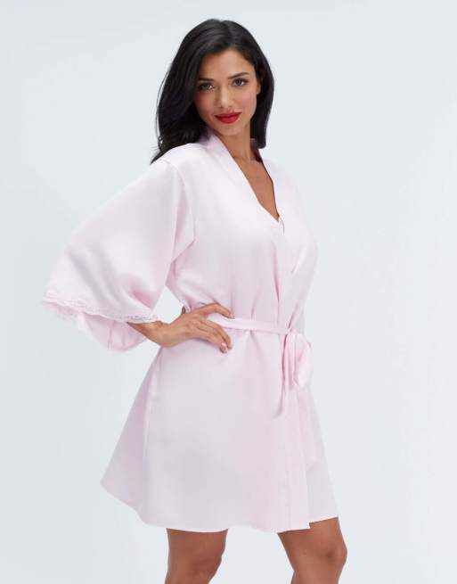 Boux Avenue Daisy satin short robe self tie waist belt dressing gown in light pink, 6 of 6