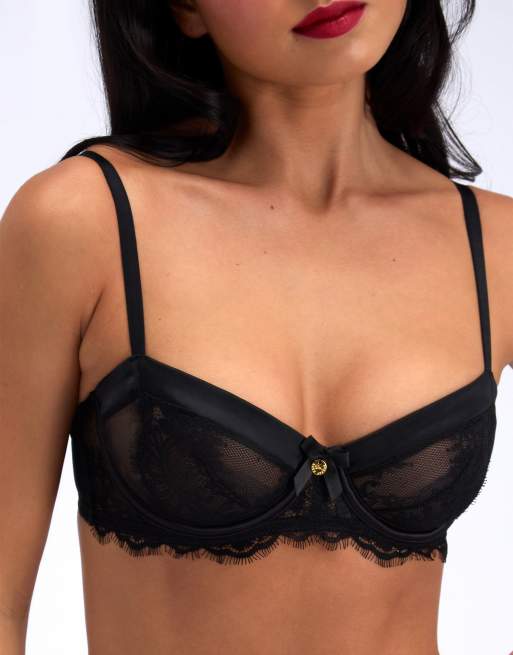 Boux Avenue Daria floral lace balconette bra underwired lingerie in black, 3 of 5