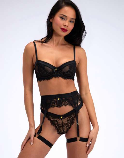 Boux Avenue Daria floral lace balconette bra underwired lingerie in black, 4 of 5