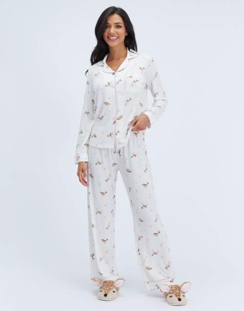 Boux Avenue Deer modal long pyjama set top and trousers nightwear pj in ivory mix - view 1