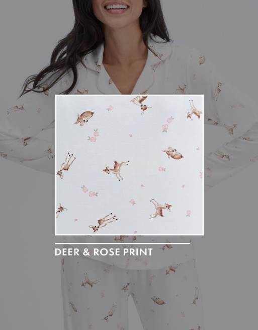 Boux Avenue Deer modal long pyjama set top and trousers nightwear pj in ivory mix, 2 of 6