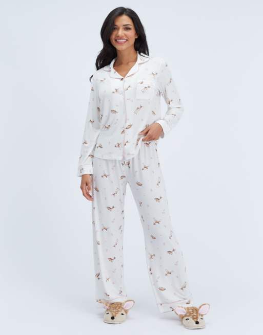 Boux Avenue Deer modal long pyjama set top and trousers nightwear pj in ivory mix, 4 of 6