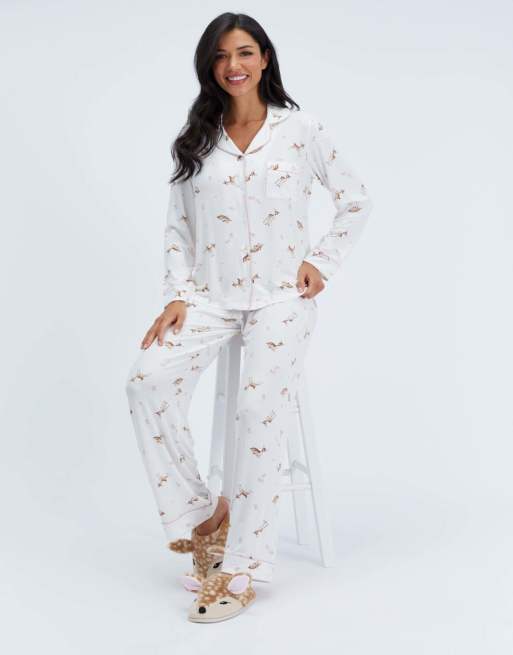Boux Avenue Deer modal long pyjama set top and trousers nightwear pj in ivory mix, 5 of 6