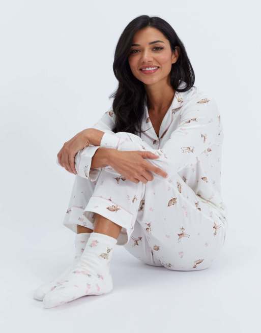 Boux Avenue Deer modal long pyjama set top and trousers nightwear pj in ivory mix, 6 of 6