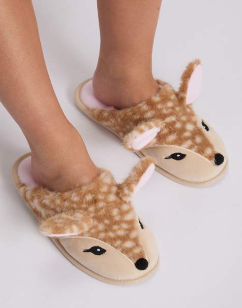 Boux Avenue Deer plush mule slippers super soft cosy pom pom loungewear in neutral mix - view 1