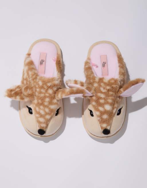 Boux Avenue Deer plush mule slippers super soft cosy pom pom loungewear in neutral mix, 2 of 7