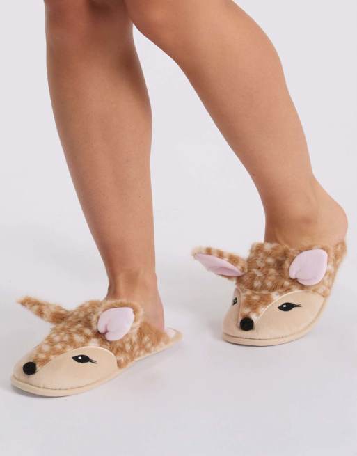 Boux Avenue Deer plush mule slippers super soft cosy pom pom loungewear in neutral mix, 5 of 7