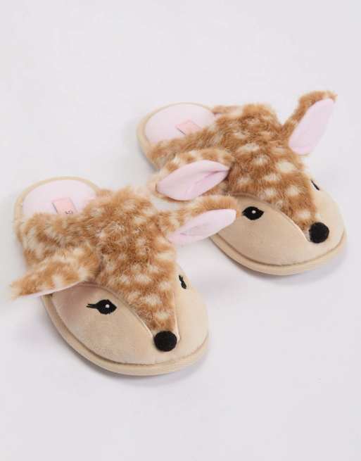 Boux Avenue Deer plush mule slippers super soft cosy pom pom loungewear in neutral mix, 6 of 7