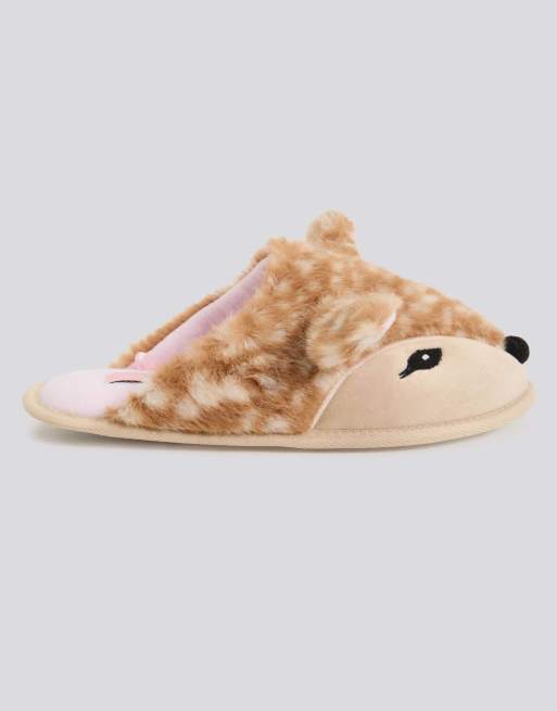 Boux Avenue Deer plush mule slippers super soft cosy pom pom loungewear in neutral mix, 7 of 7