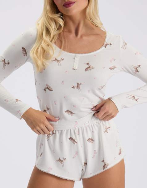 Boux Avenue Deer supersoft short pyjama set top and shorts nightwear pj in ivory mix - view 1