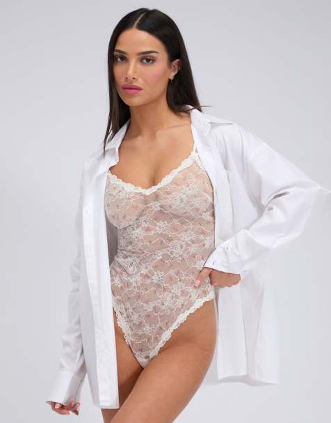 Boux Avenue Delphine sheer lace floral body v-neck comfy sexy lingerie in ivory mix - view 1