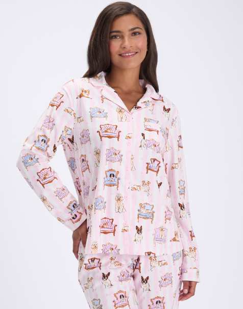 Boux Avenue Dogs on chairs pyjama set with bag fleece top and bottoms pj in pink mix - view 1