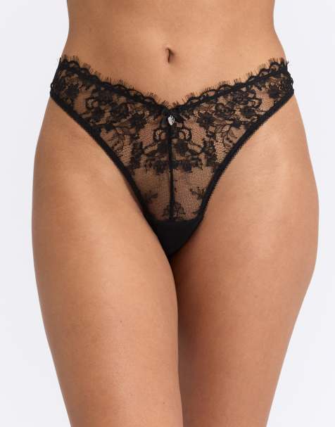 Boux Avenue Dulcee floral sheer lace thong satin bow detailing lingerie in black - view 1