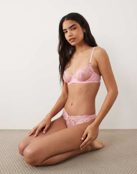 Boux Avenue Elsbeth embroidered mesh and lace lingerie thong in rose pink - view 1