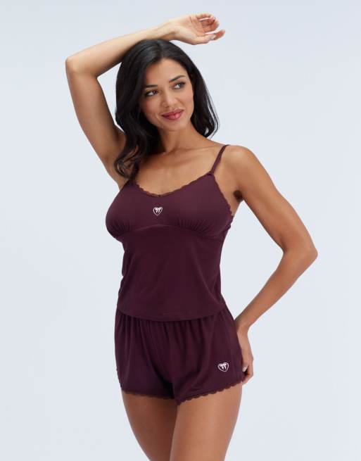 Boux Avenue Embroidered modal short pyjama set cami top and shorts pj in blackberry, 6 of 7