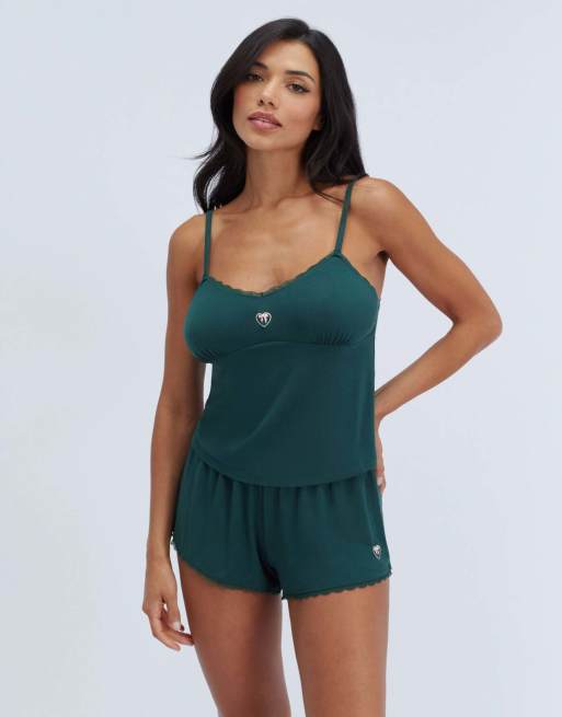 Boux Avenue Embroidered modal short pyjama set cami top and shorts pj in deep green, 6 of 6