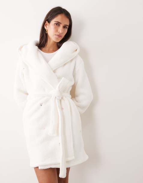 Boux Avenue embroidered short hooded dressing gown in ivory - view 1
