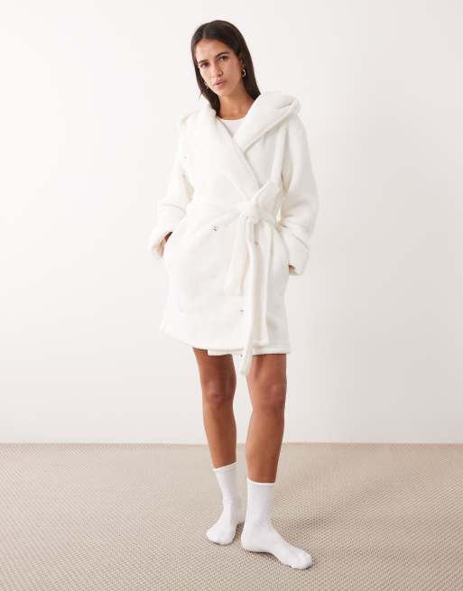 Boux Avenue embroidered short hooded dressing gown in ivory, 2 of 4