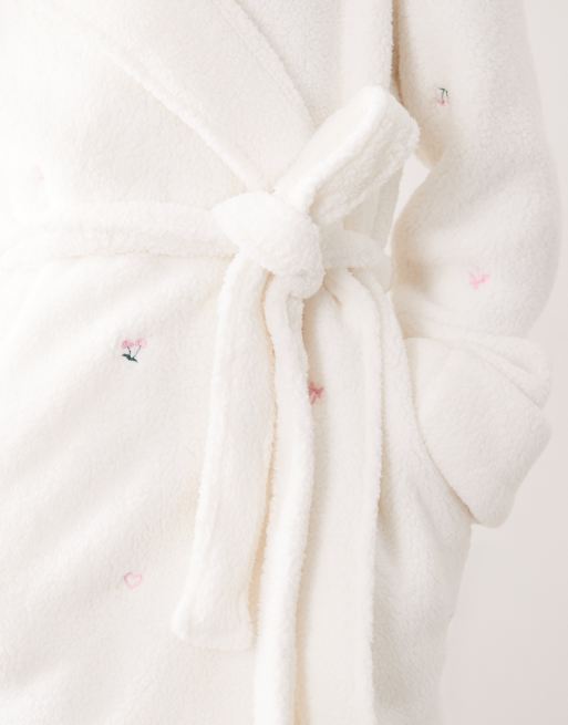 Boux Avenue embroidered short hooded dressing gown in ivory, 3 of 4