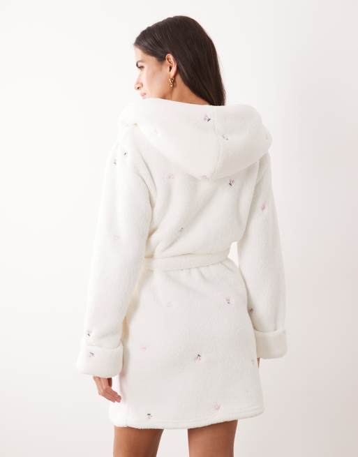 Boux Avenue embroidered short hooded dressing gown in ivory, 4 of 4