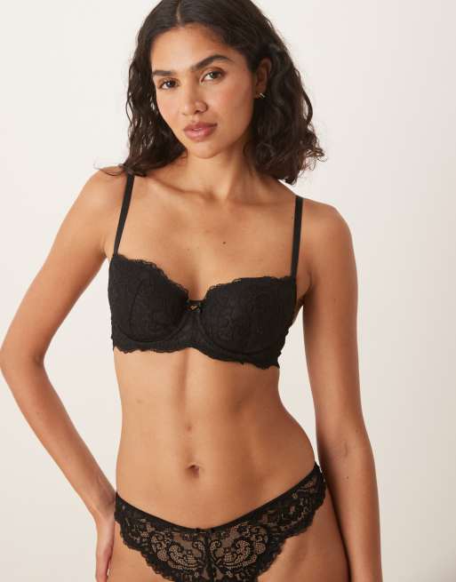 Boux Avenue Emma floral lace padded balconette bra in black, 3 of 4