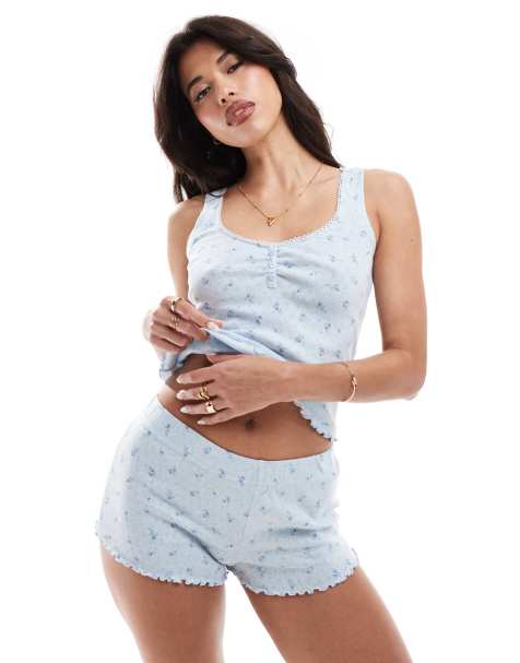 Boux Avenue - Ensemble de pyjama caraco et short à petites fleurs en maille pointelle - Bleu - view 1