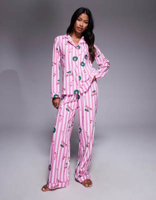 Ensemble de pyjama en polaire à rayures et imprimé de Noël avec sac, haut à manches longues et pantalon - Rose-Multicolore 34