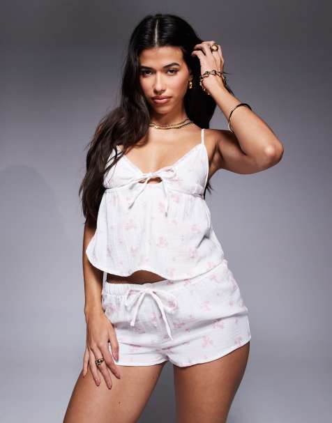 Boux Avenue - Ensemble en gaze de coton avec short et caraco à imprimé fleuri vintage - Blanc - view 1