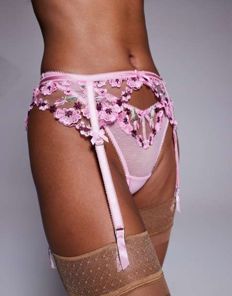 Boux Avenue Evelyn 3d floral embroidered suspender belt in pink mix - view 1