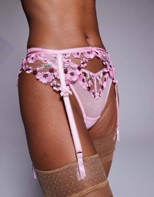 Boux Avenue Evelyn 3d floral embroidered suspender belt in pink mix
